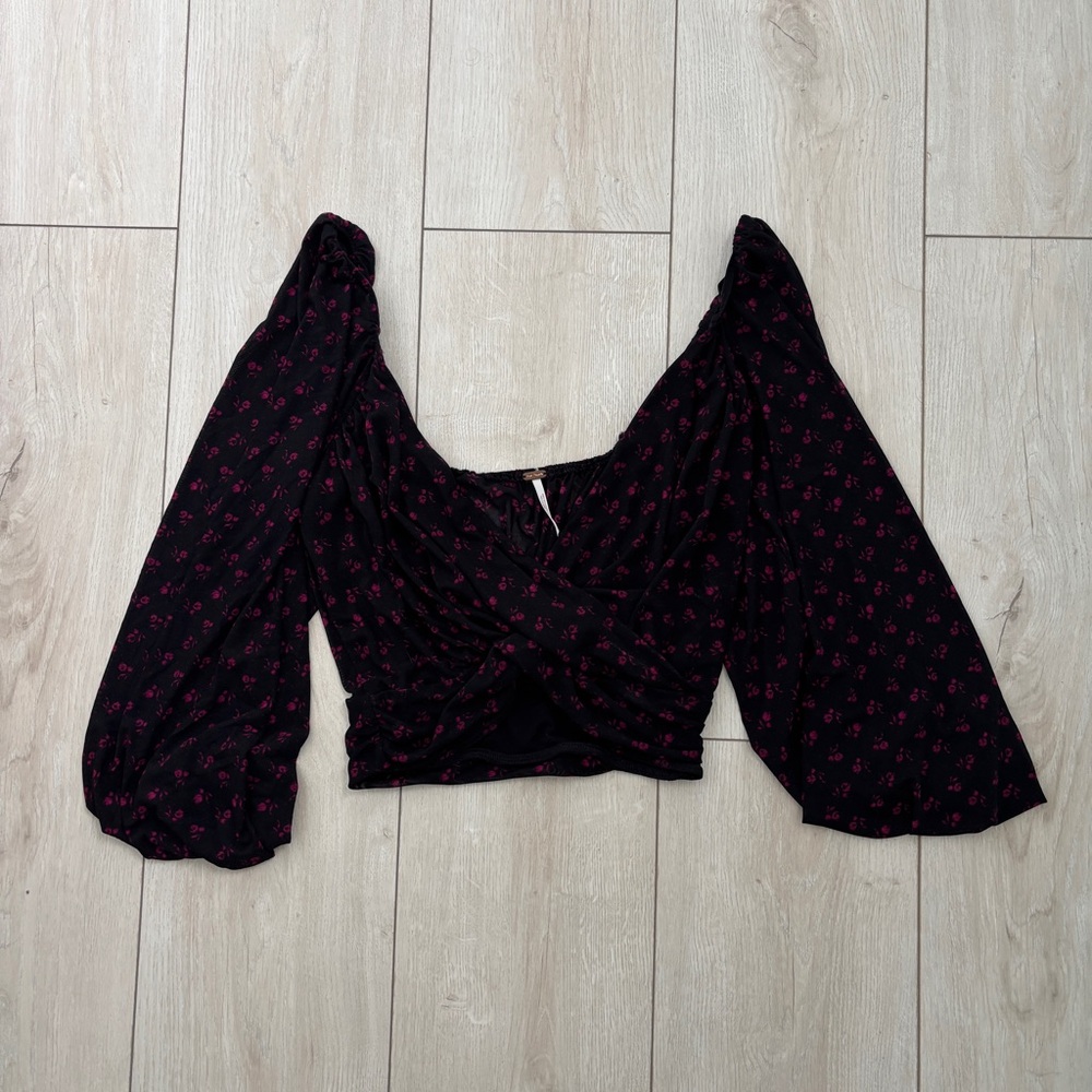 Free People Black Wrap Crop Blouse with Long Sleeves